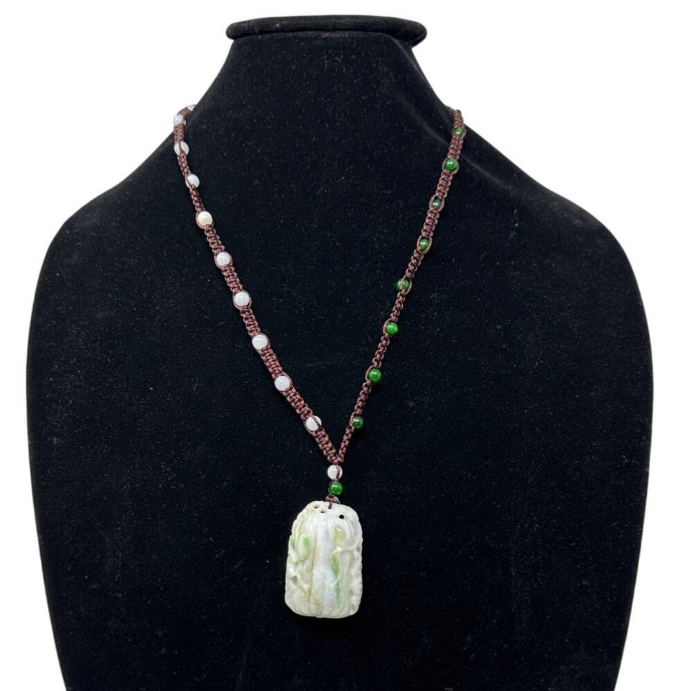 Unbranded White Jade Carved Pendant Square On Knotted Rope Necklace